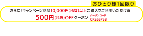 さらに!キャンペーン商品10 , 000円(税抜)以上ご購入でご利用いただける500円(税抜) OFFクーポン